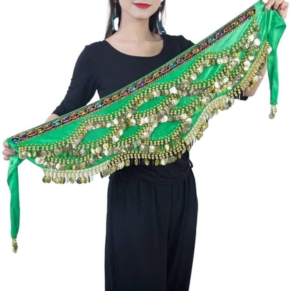 Women's Triangular Belly Dance Hip Scarf Wrap Green Gold Skirts with Gold Coins